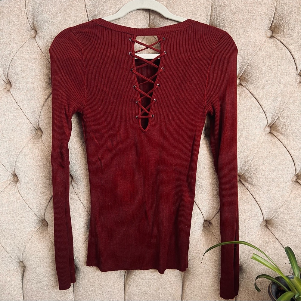 🍂 Maroon lace-up long sleeve rayon top autumn fall Express medium M
